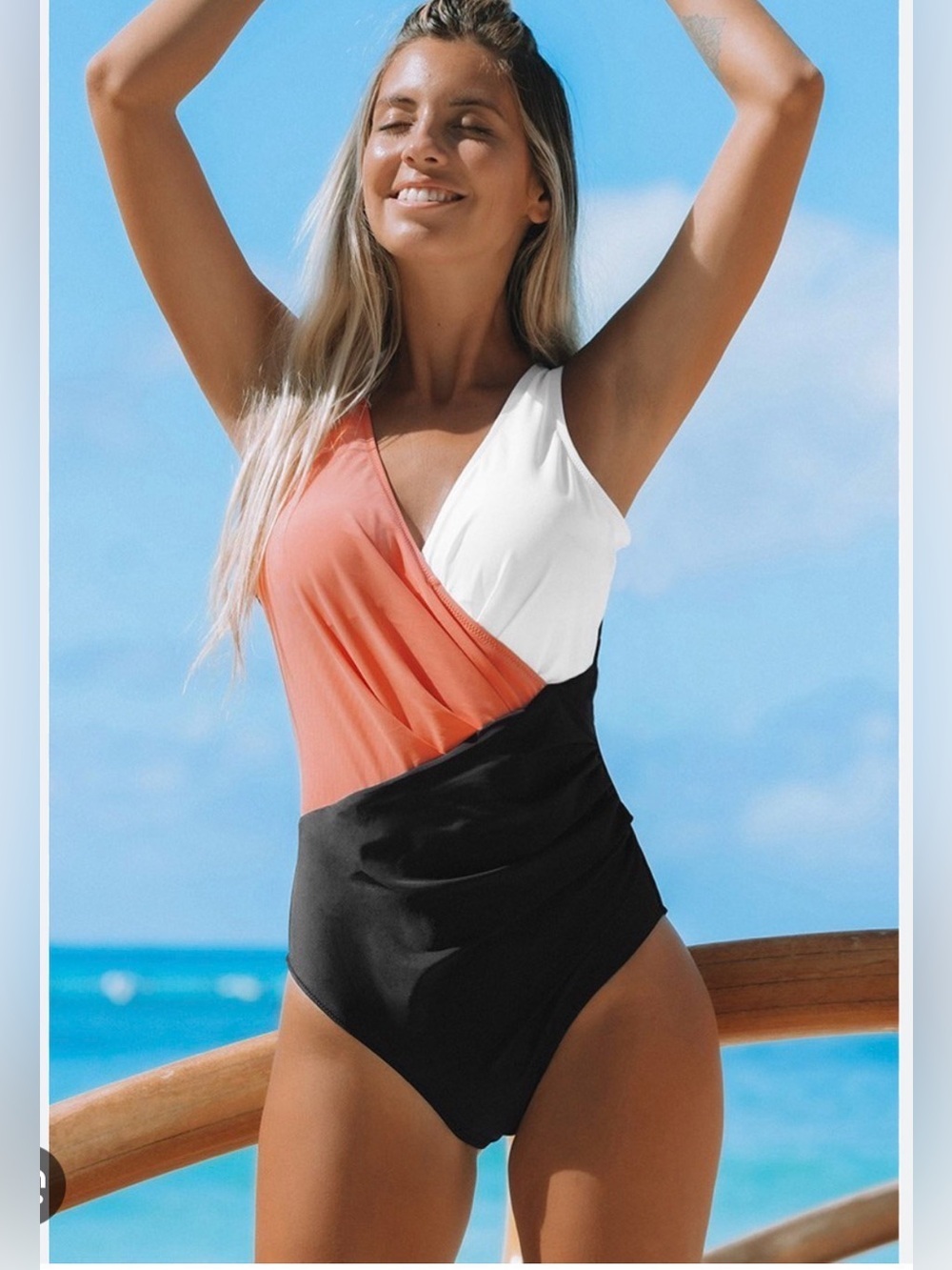NWT Cupshe Colorblock One-Piece Swimsuit in Black, Coral & White Size L